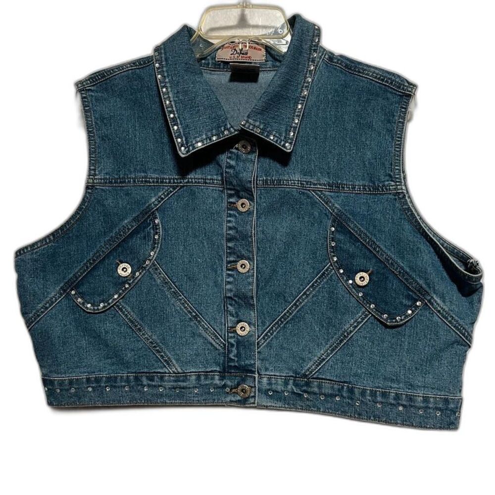 Vintage Defuze Cropped Rhinestone Studded Denim Vest Size 2X